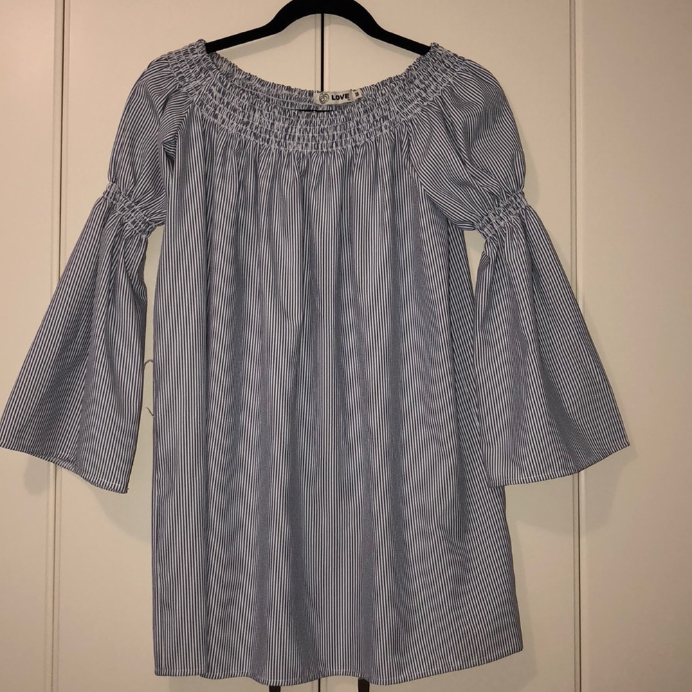 Blue and white pinstriped off the shoulder dress